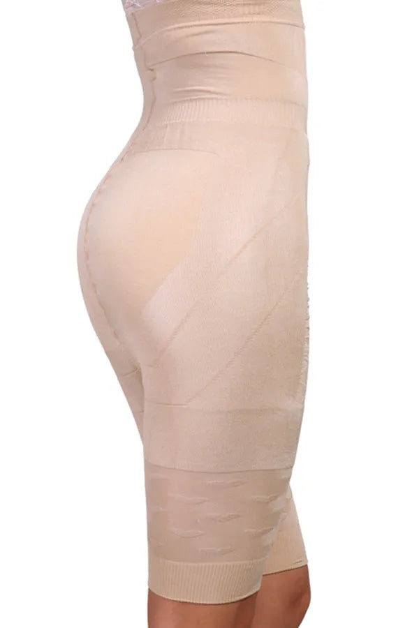 Black seamless high-waisted shapewear shorts for women laid flat.