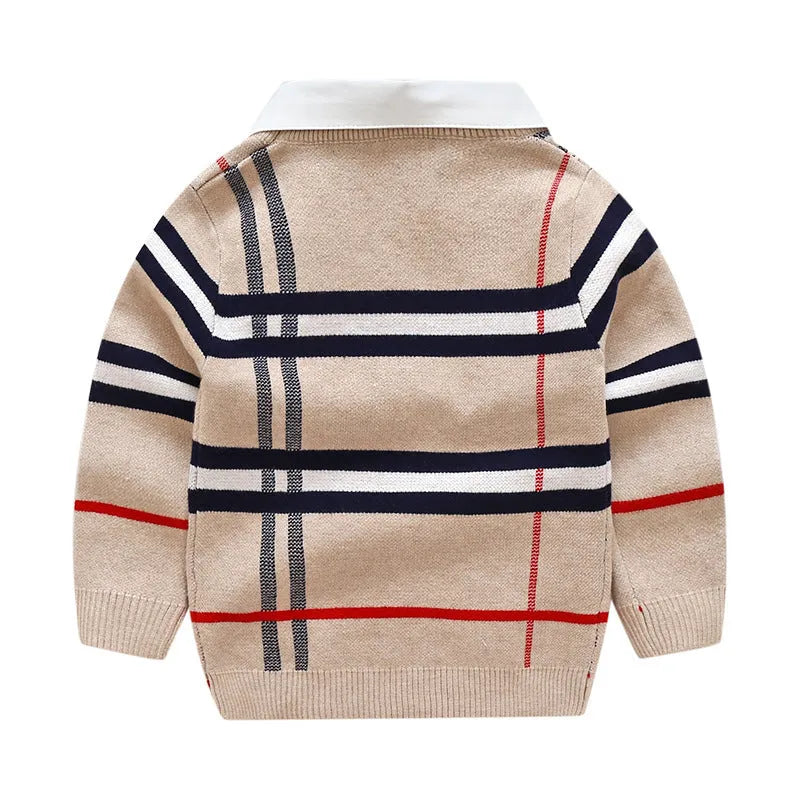 Boys plaid jacquard sweater in apricot and navy blue with long sleeves and pullover style