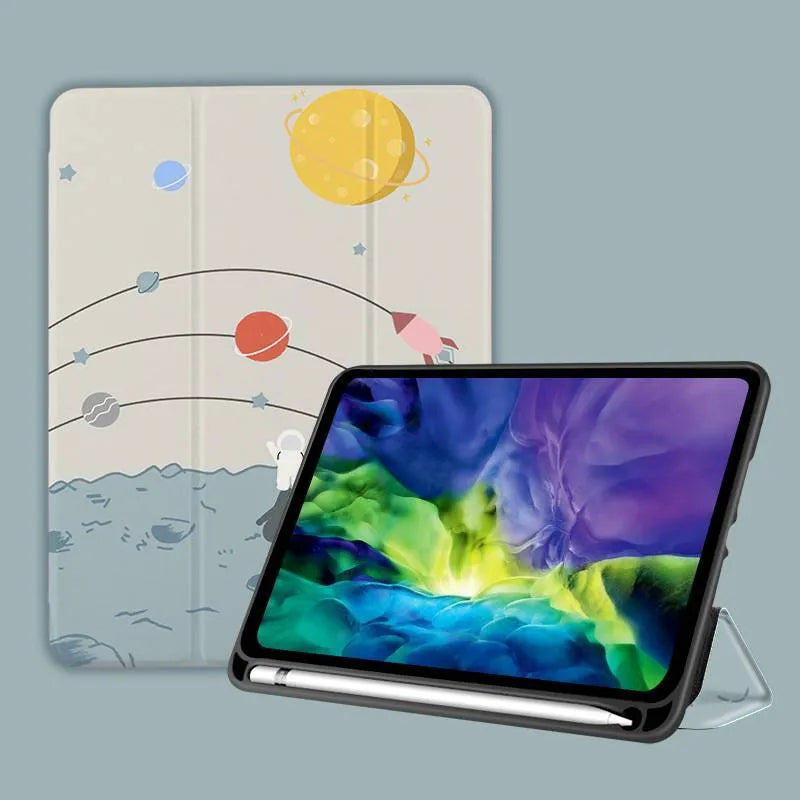 Three-fold silicone iPad case with cartoon design on imitation leather, shown in a stand position.