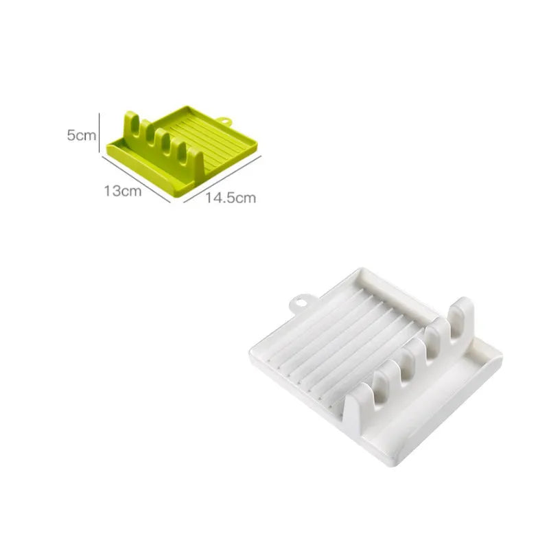 Food-grade silicone spatula holder in green with four holes for kitchen utensils, size 14.5x13x5cm