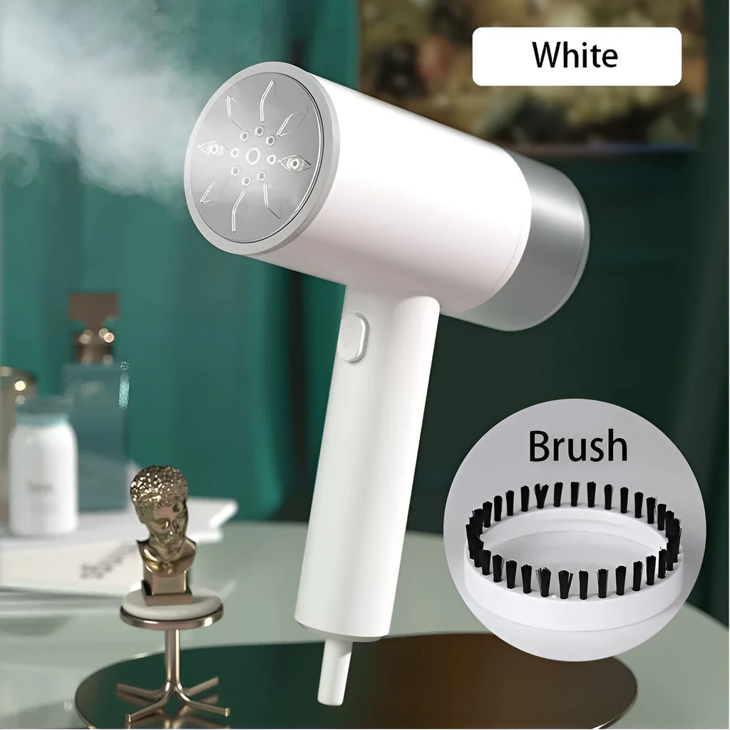 White hand-held hanging ironing machine with stainless steel panel and compact design