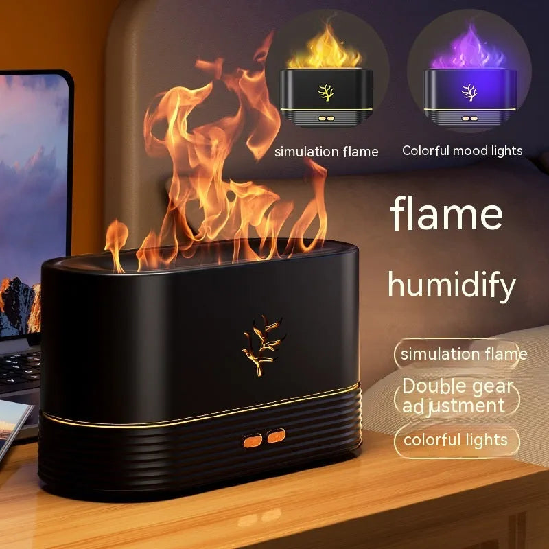 Square white or black USB flame humidifier with LED fire effect and mist output