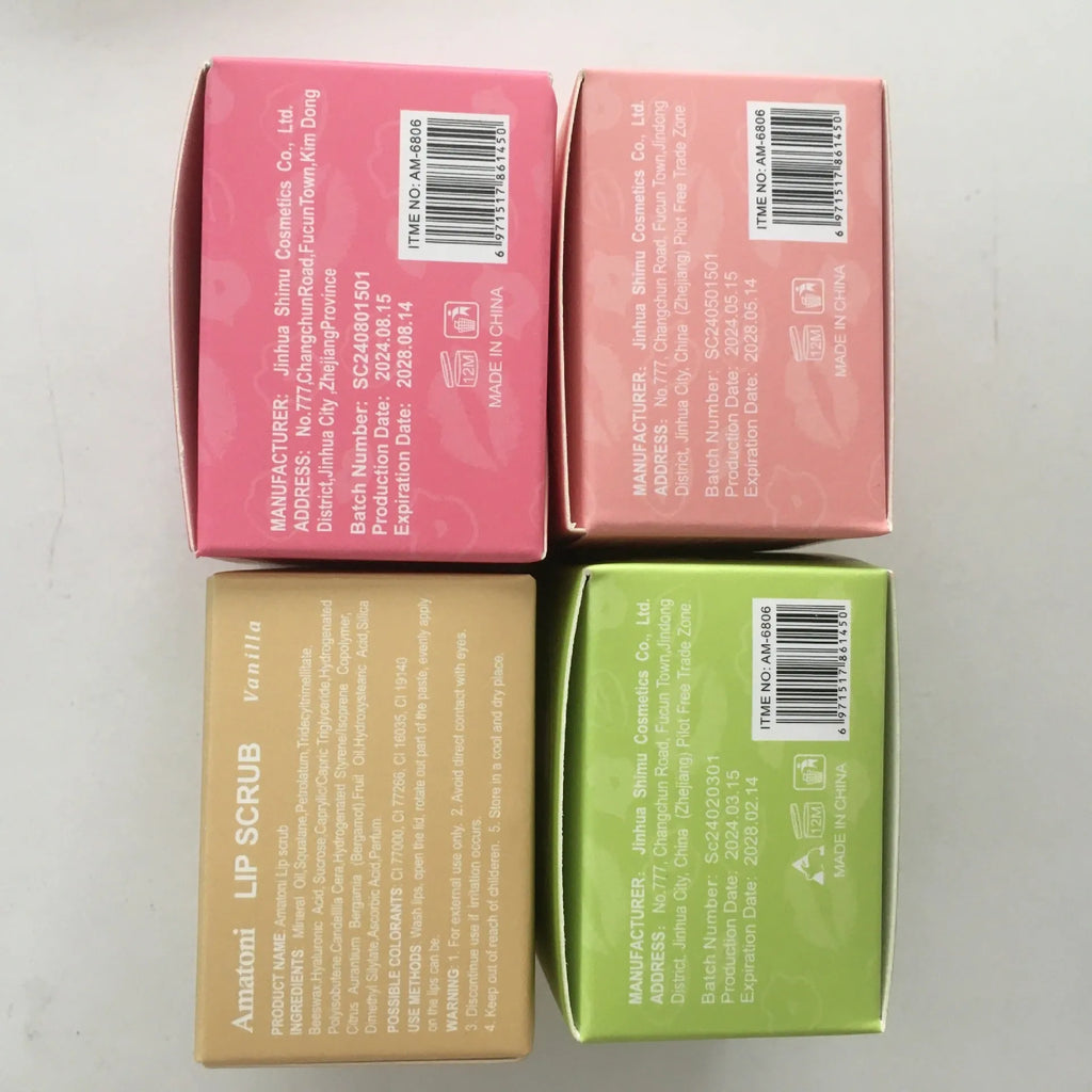 Amatoni Lip Scrub pot in four flavour options: coconut, raspberry, vanilla, and watermelon