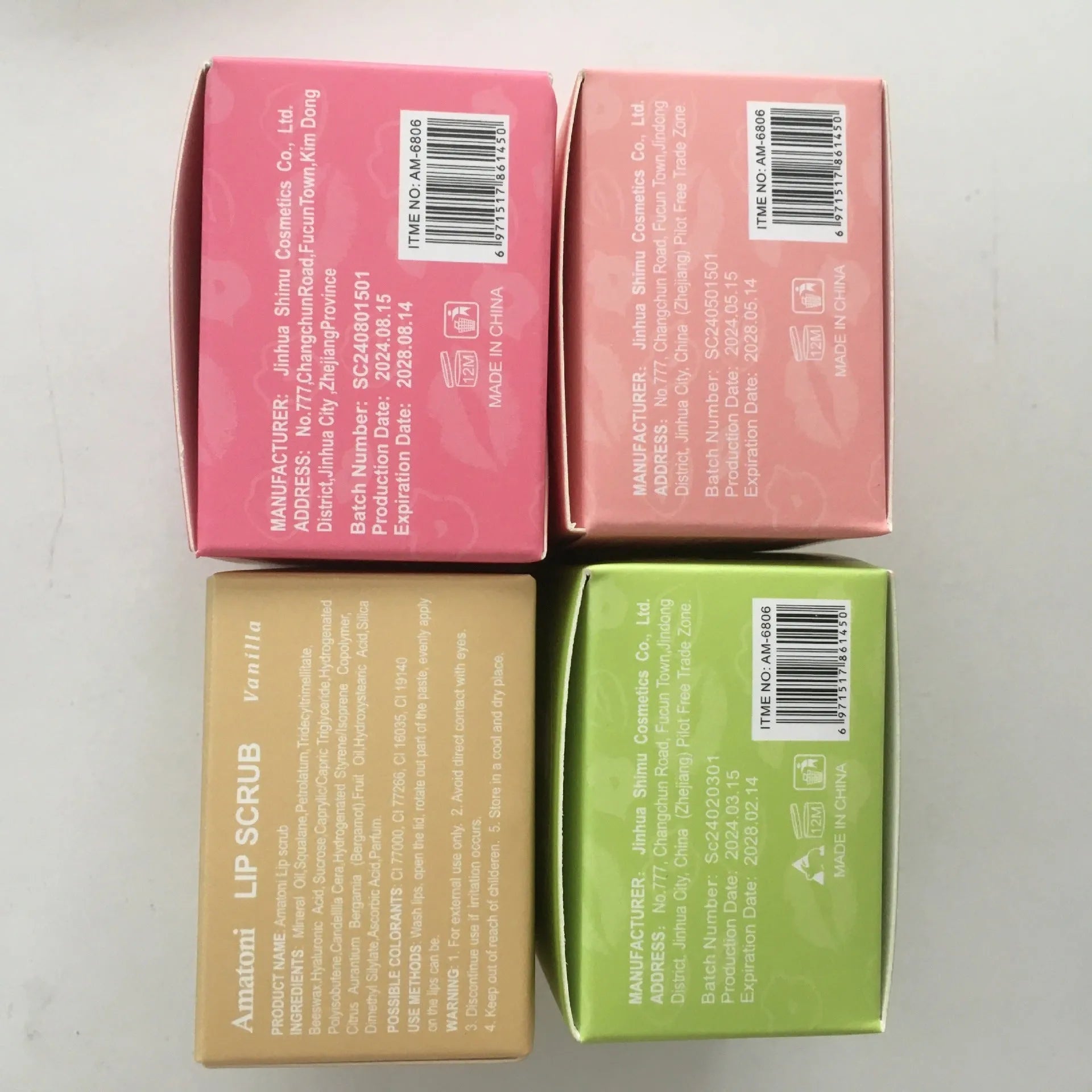 Amatoni Lip Scrub pot in four flavour options: coconut, raspberry, vanilla, and watermelon