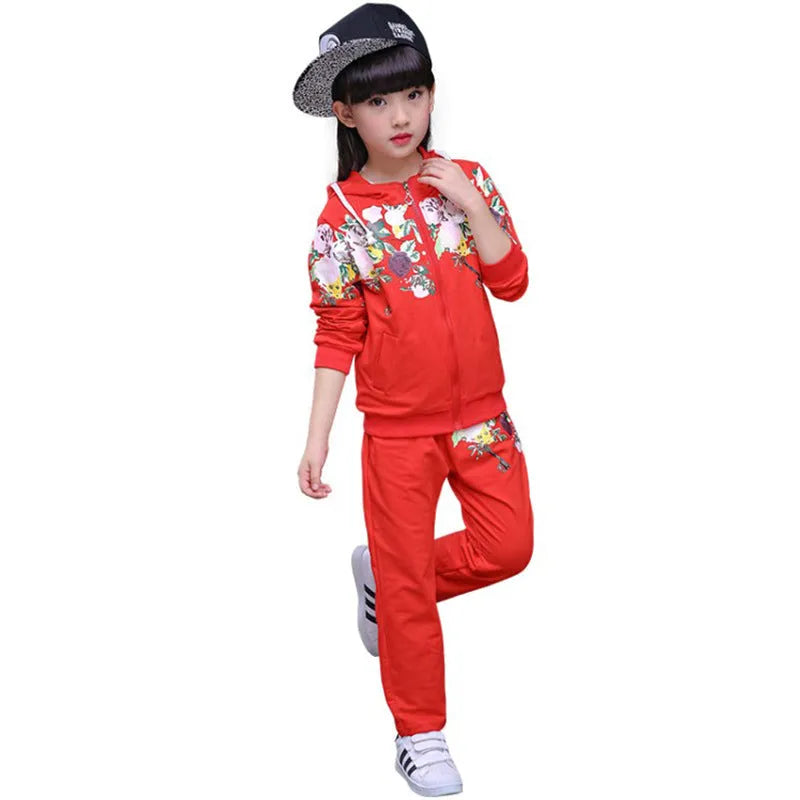 Children's hooded tracksuit set in cotton blend fleece with long sleeves for ages 8+