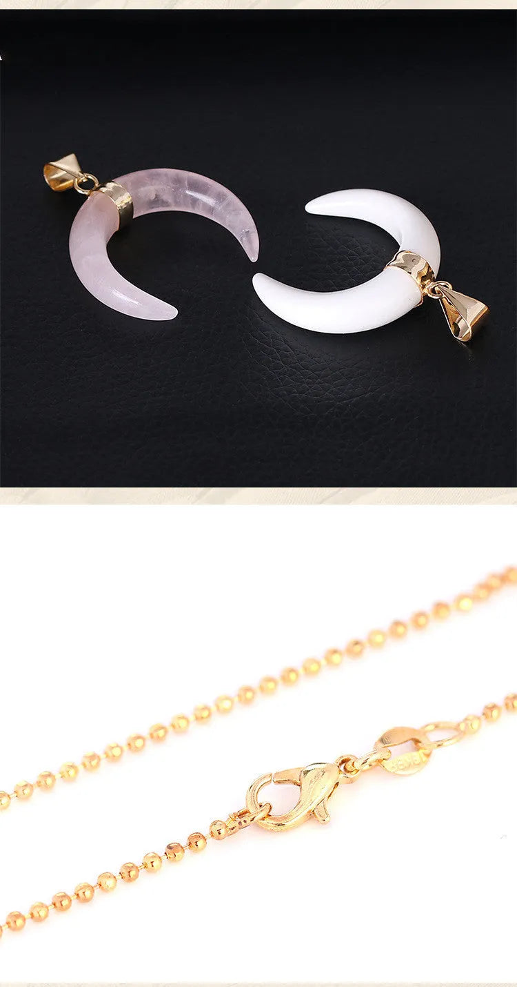Natural crystal stone moon pendant necklace on an adjustable chain with copper fittings.