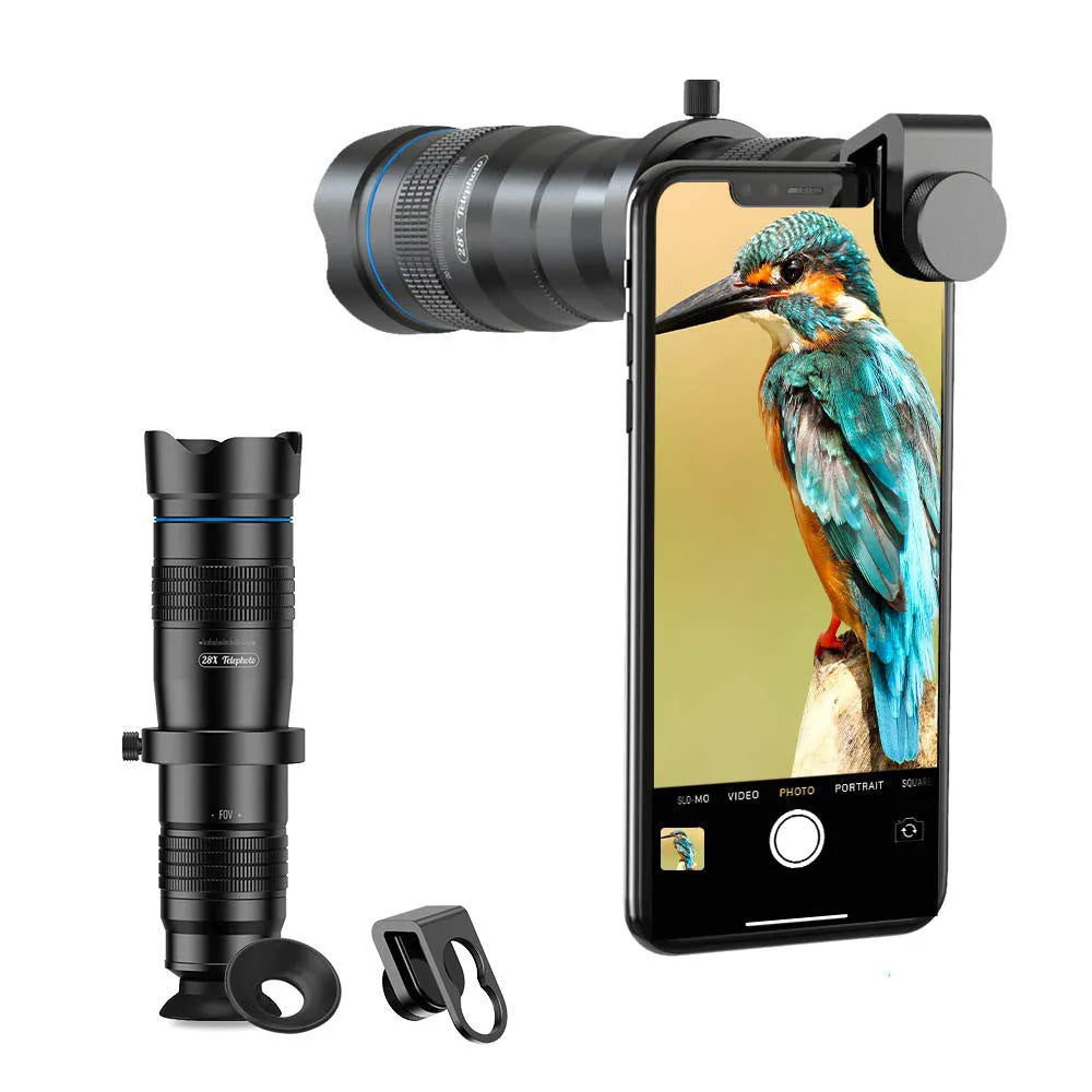 APEXEL 28 times telephoto lens black aluminium alloy with lens cap on table beside smartphone