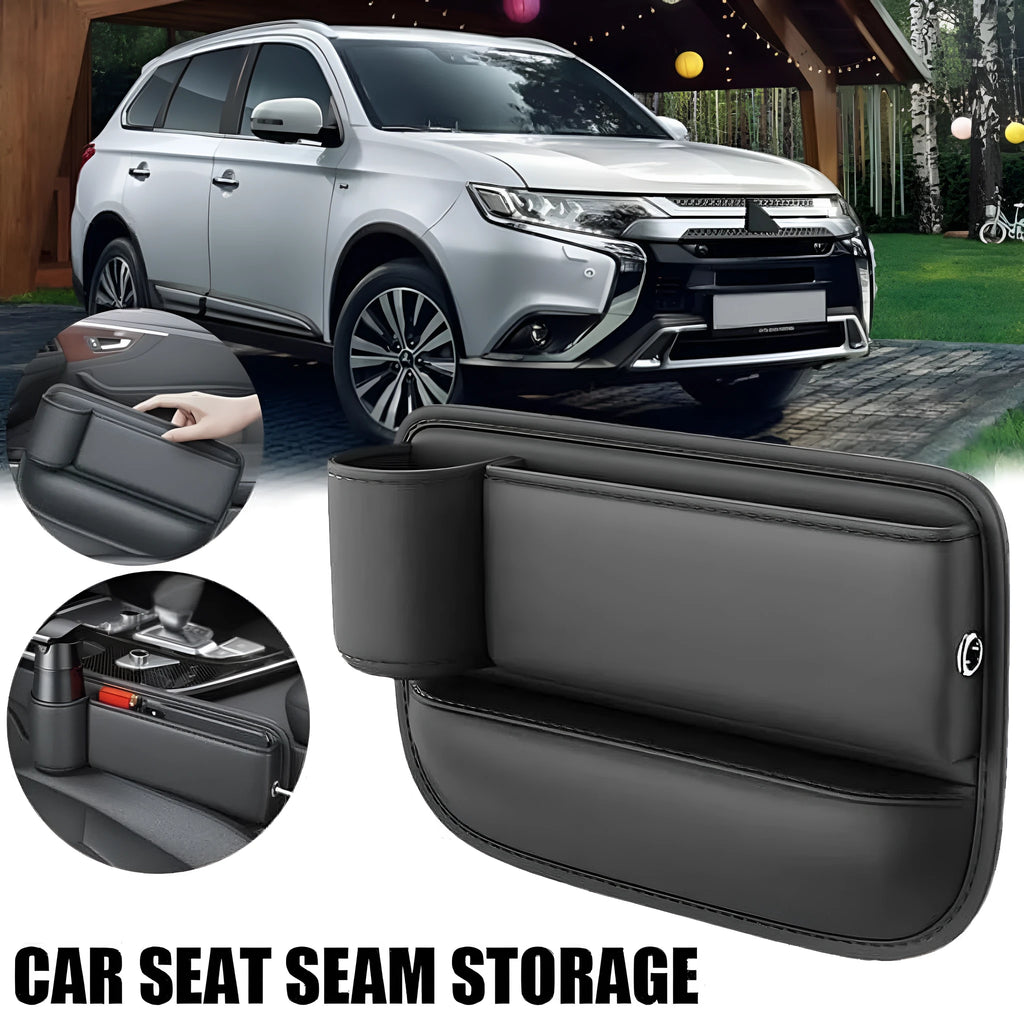 Car seat gap storage box with cup holder in black PU leather and ABS plastic fitted between car seat and centre console