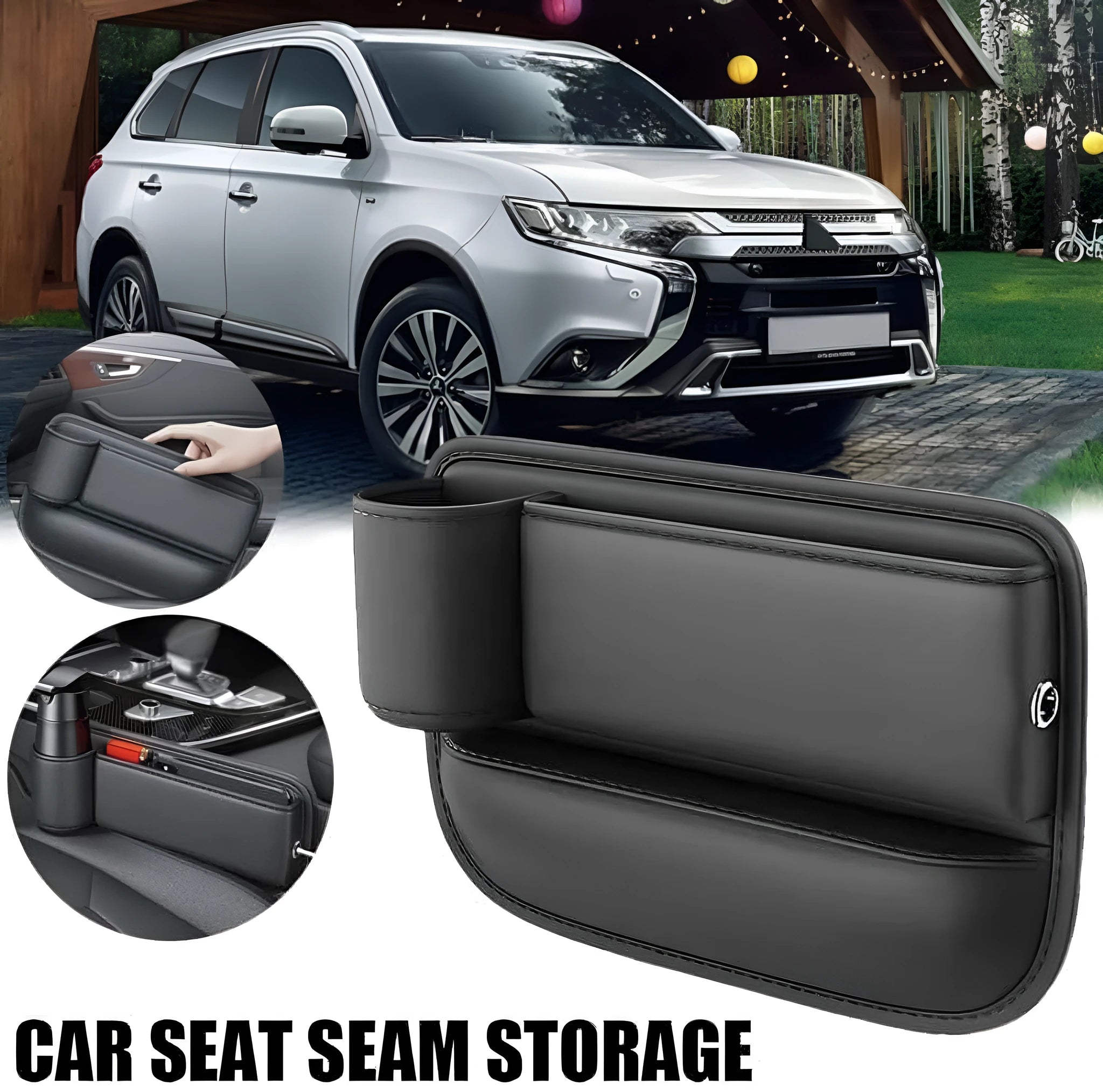 Car seat gap storage box with cup holder in black PU leather and ABS plastic fitted between car seat and centre console