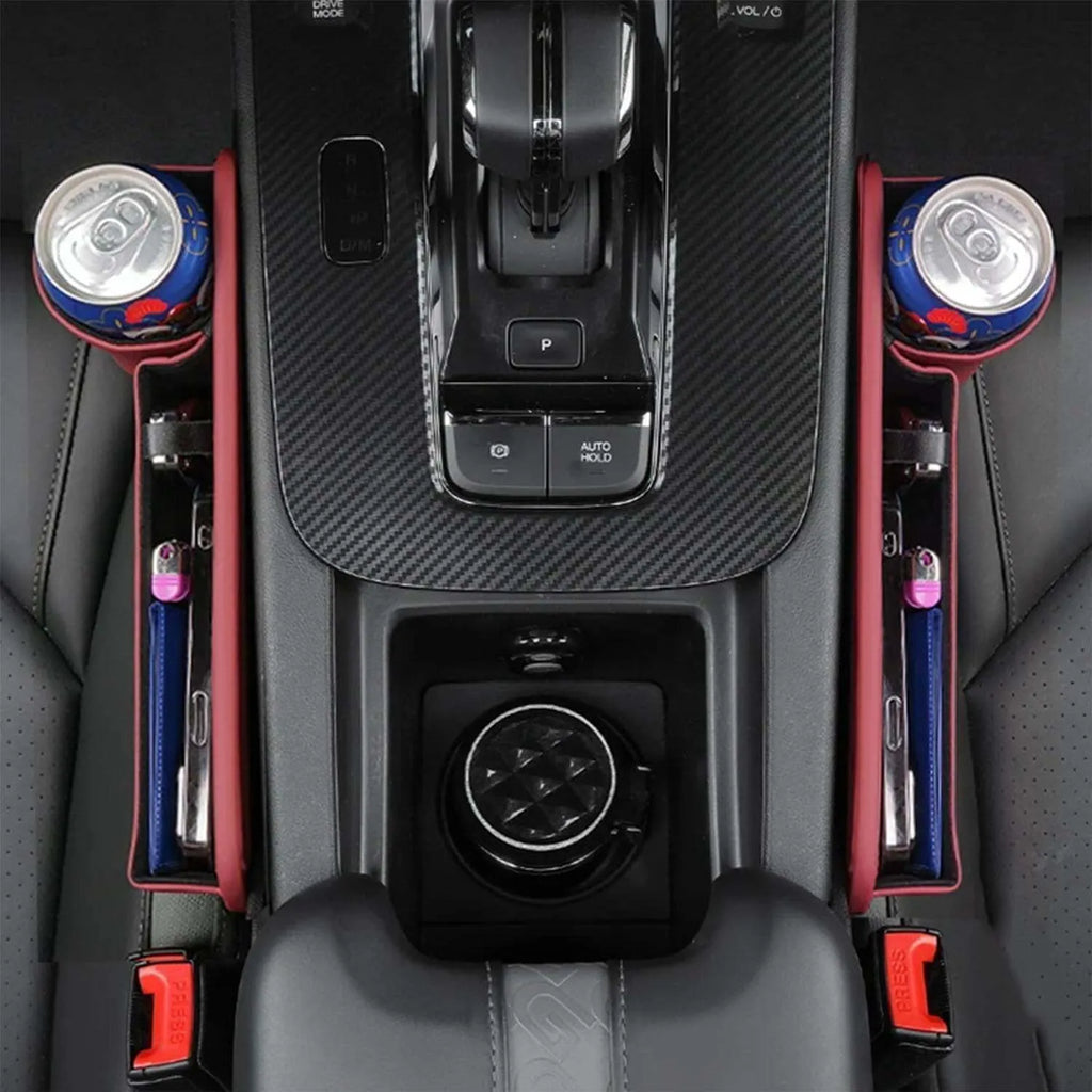 Car seat gap storage box with cup holder in black PU leather and ABS plastic fitted between car seat and centre console