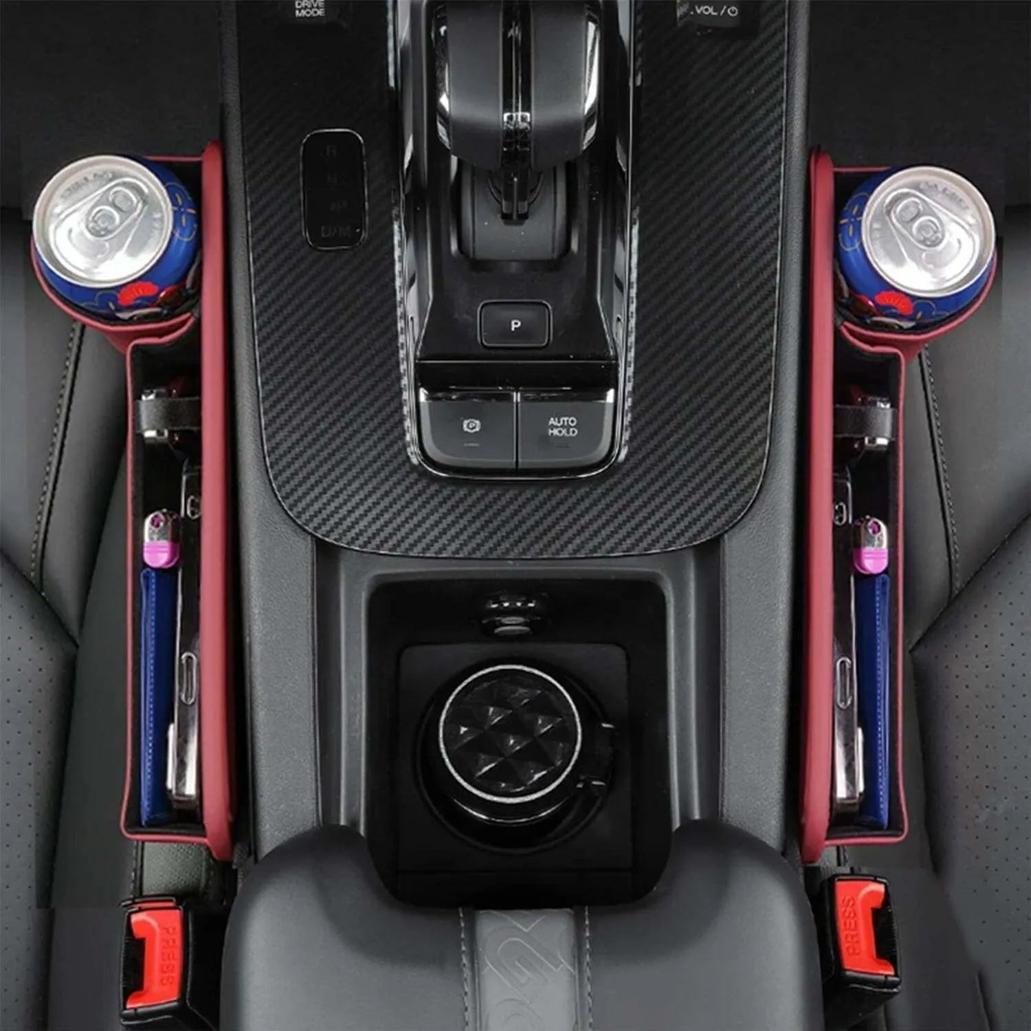 Car seat gap storage box with cup holder in black PU leather and ABS plastic fitted between car seat and centre console