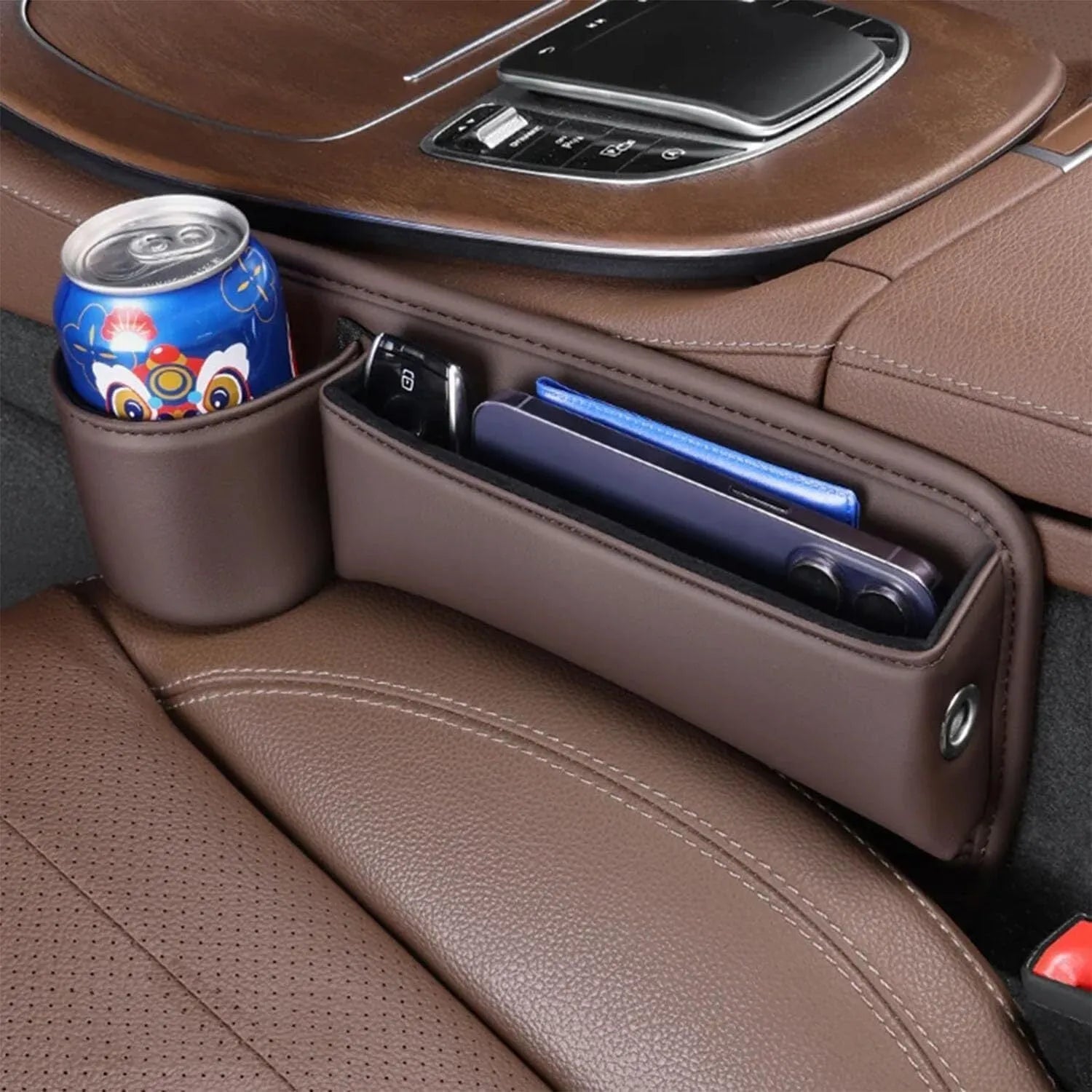 Car seat gap storage box with cup holder in black PU leather and ABS plastic fitted between car seat and centre console