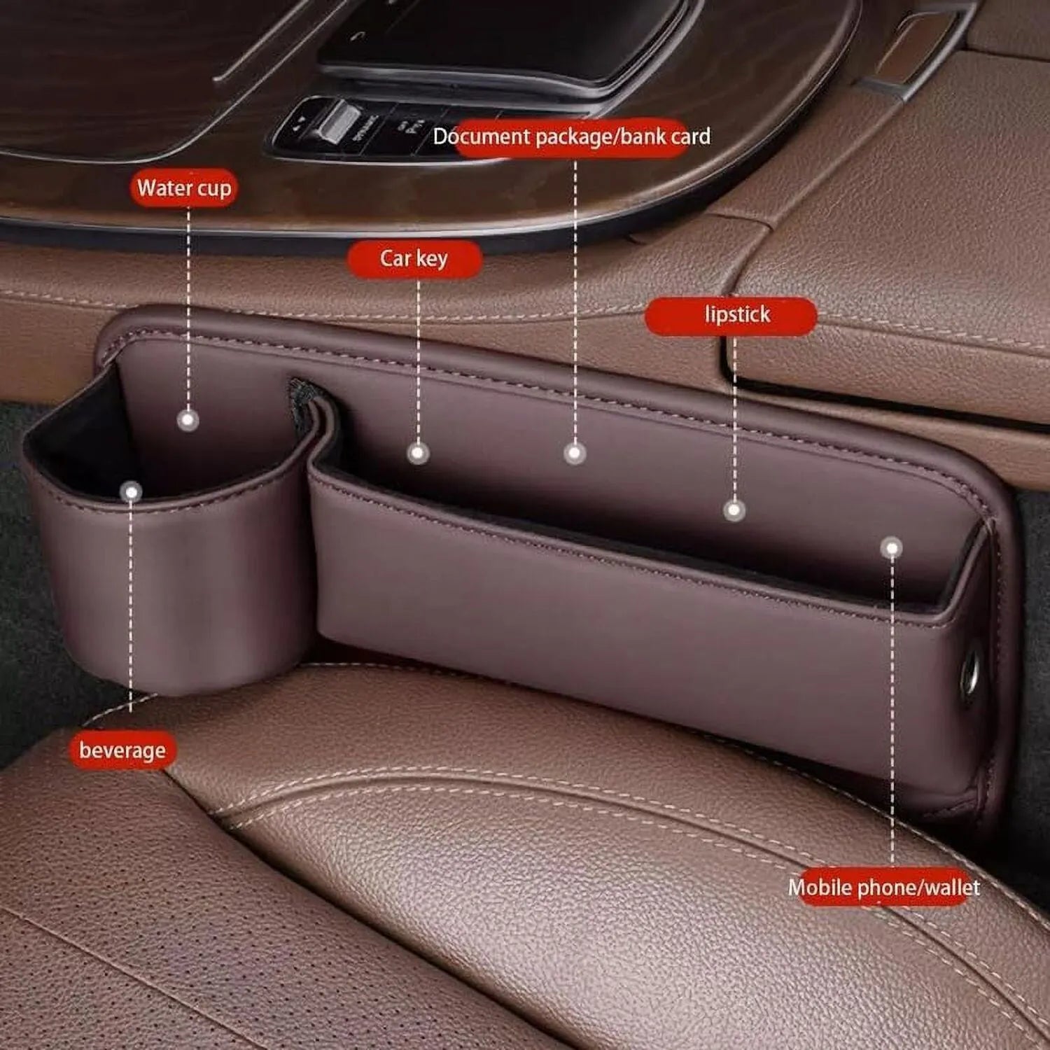 Car seat gap storage box with cup holder in black PU leather and ABS plastic fitted between car seat and centre console