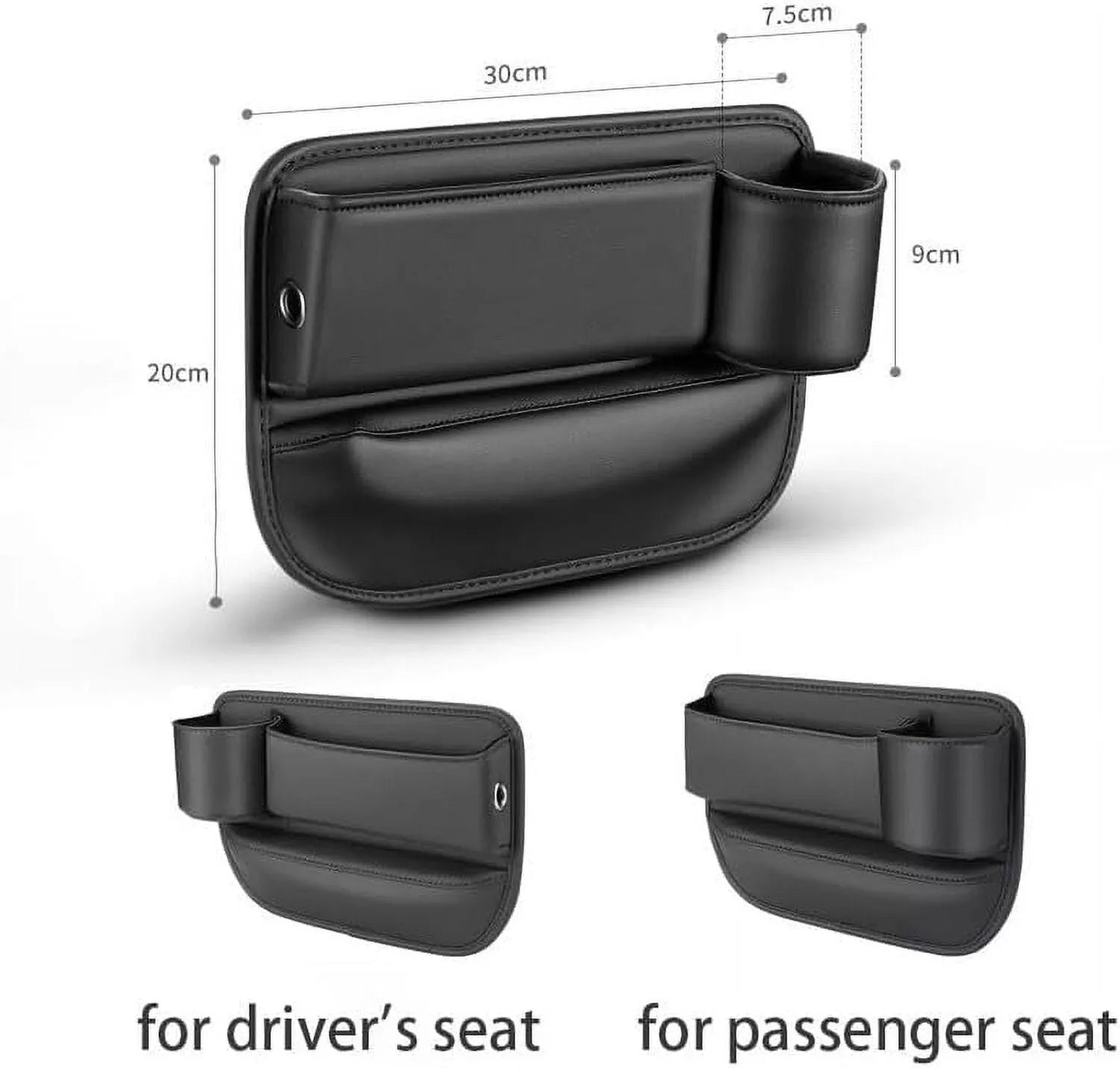 Car seat gap storage box with cup holder in black PU leather and ABS plastic fitted between car seat and centre console