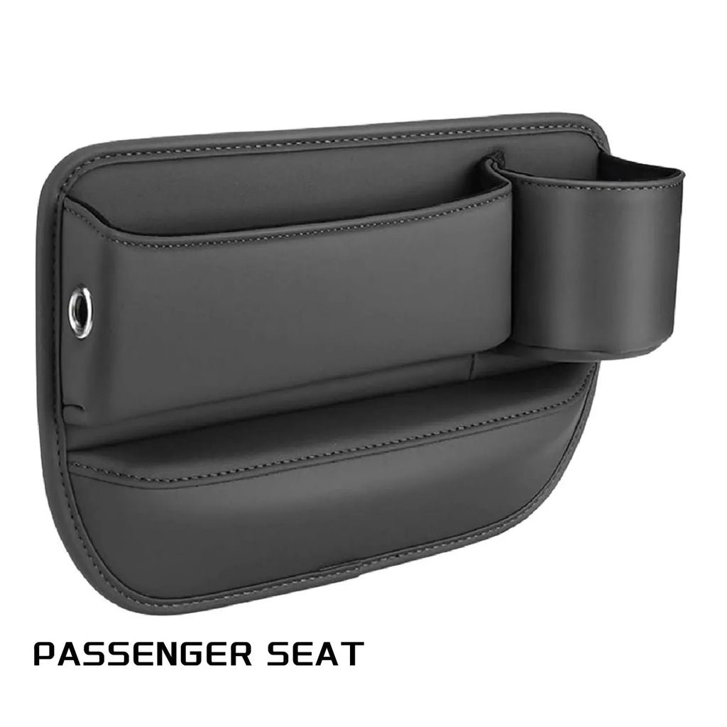 Car seat gap storage box with cup holder in black PU leather and ABS plastic fitted between car seat and centre console
