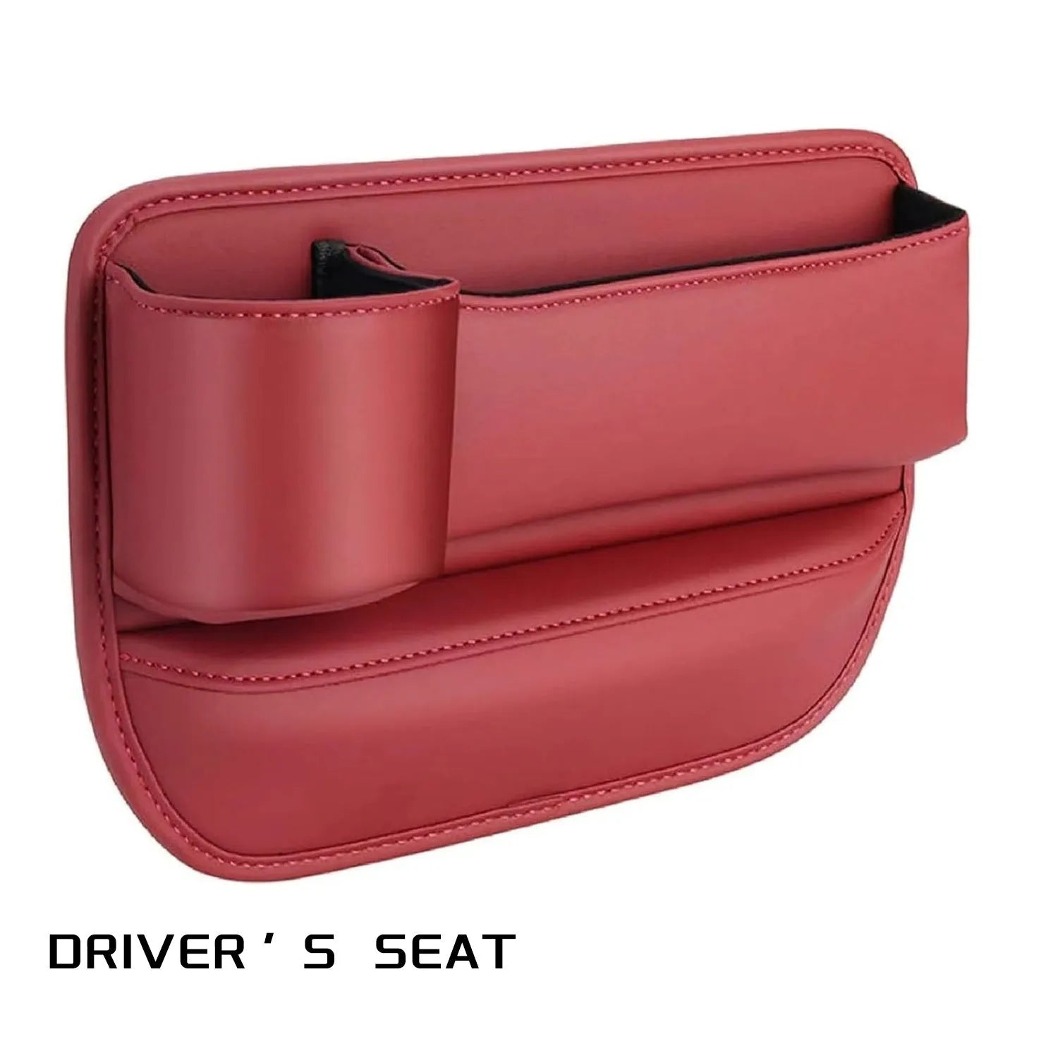Car seat gap storage box with cup holder in black PU leather and ABS plastic fitted between car seat and centre console