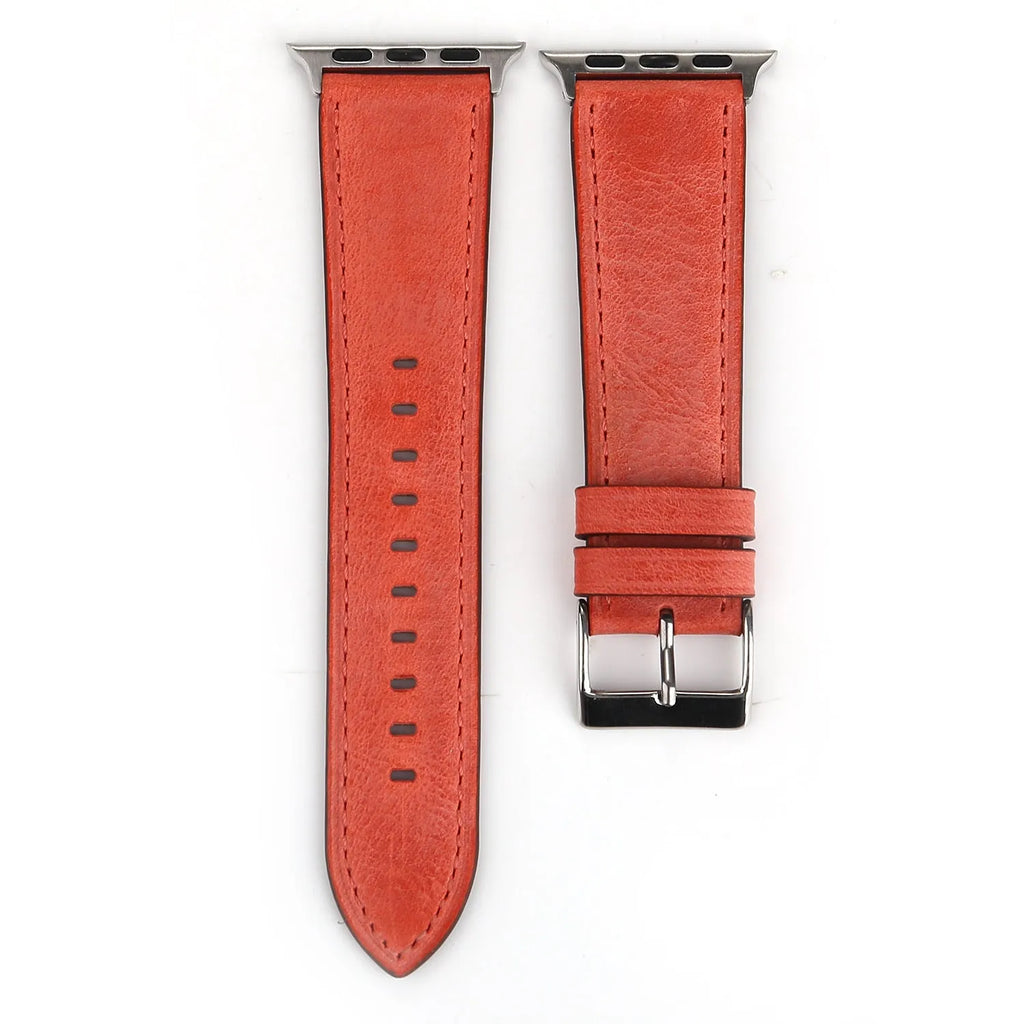 Genuine leather strap with folding buckle in multiple colours including blue, brown, and pink.
