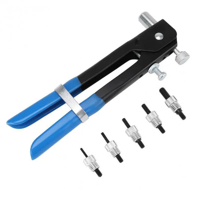 Alloy steel manual rivet nut gun tool with a selection of rivet nuts from the 106pc or 86pc kit.