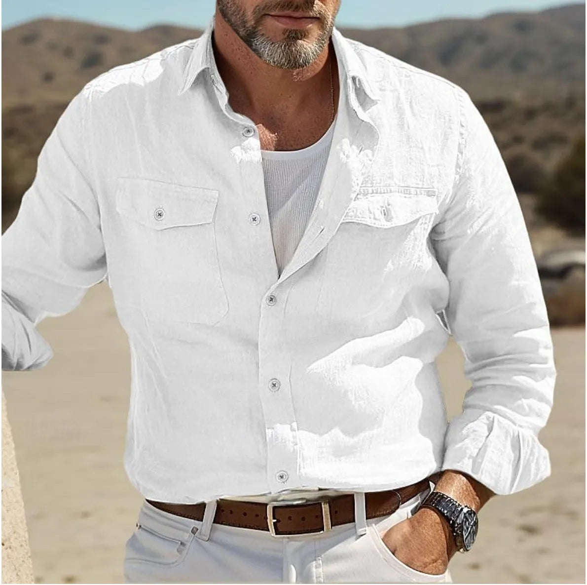 Men's long-sleeved cotton linen blend shirt in loose fit solid colour options