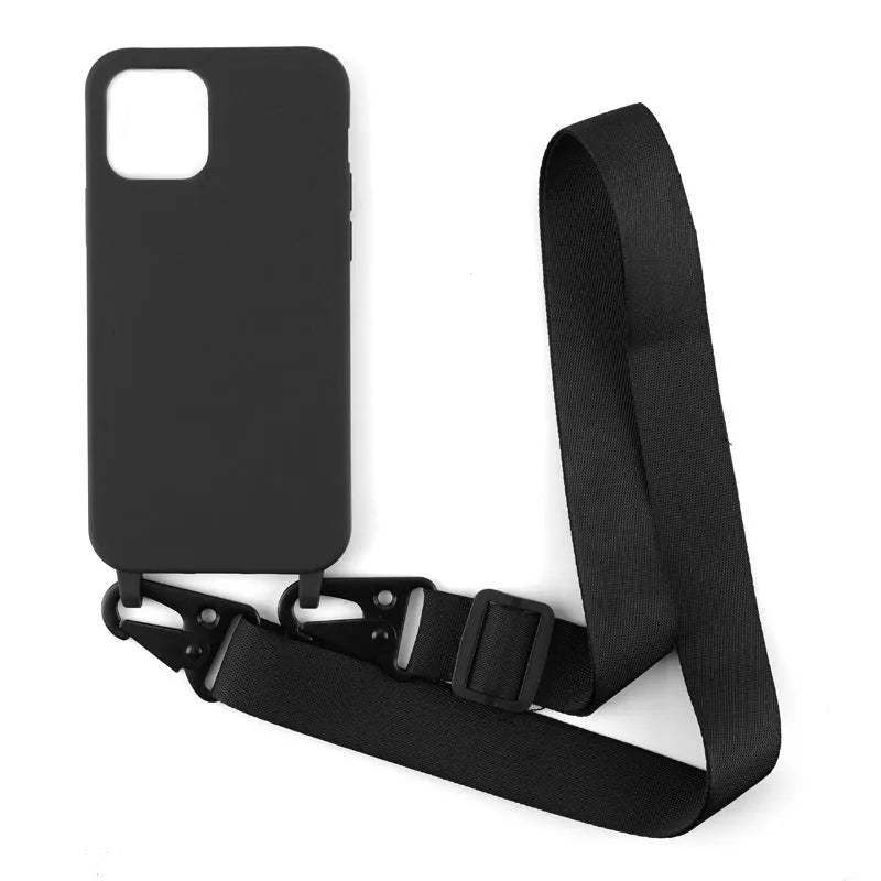 Buckle ribbon lanyard TPU phone case for Samsung models in black with ribbon attachment
