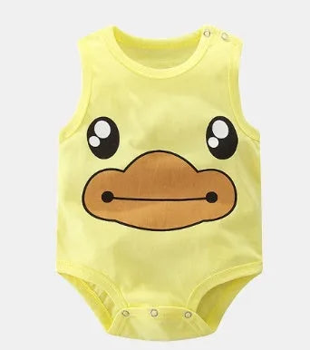 Sleeveless 100% cotton baby romper vest shown in one of ten print options, such as Duck or Totoro, for sizes 66cm to 90cm.