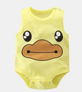 Sleeveless 100% cotton baby romper vest shown in one of ten print options, such as Duck or Totoro, for sizes 66cm to 90cm.