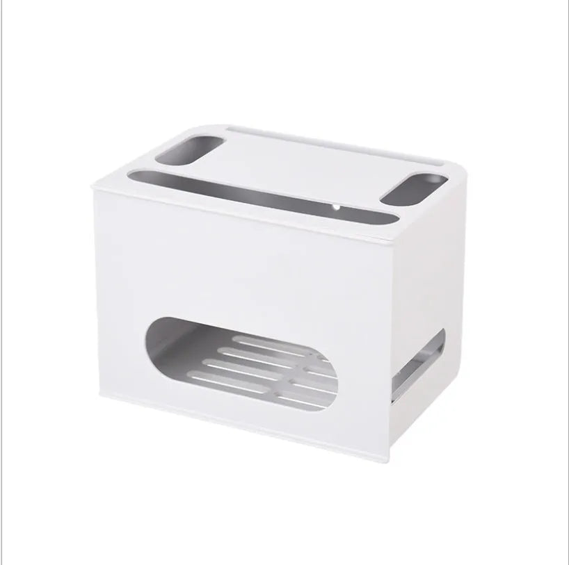 Gray and white plastic wireless router storage box for concealing network equipment and cables