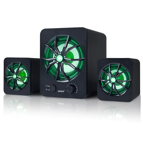 Green 2.1 USB computer speaker with colourful LED lighting and 150cm cable
