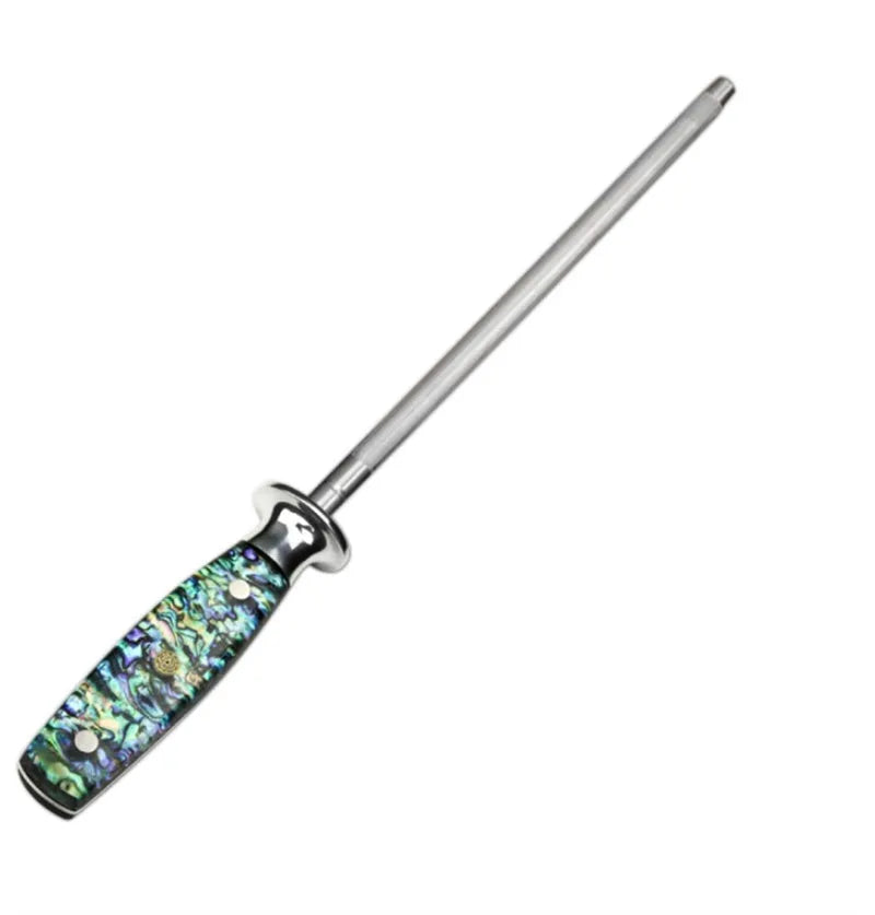 Household manual knife sharpener with high carbon steel blade and abalone shell handle.