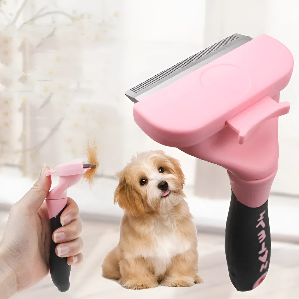 Dog and cat comb brush with stainless steel pins, rubber and plastic handle, shown in blue or pink and small or large sizes