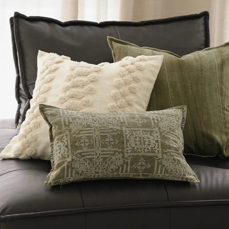 Ethnic style green natural pillowcase with feather core on sofa