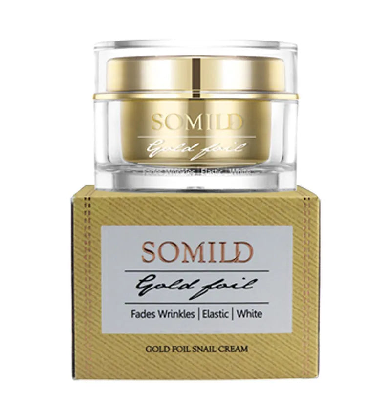 50g jar of 24K Gold Snail Cream with snail extract, gold leaf, and kelp polysaccharide for brightening and scar reduction.