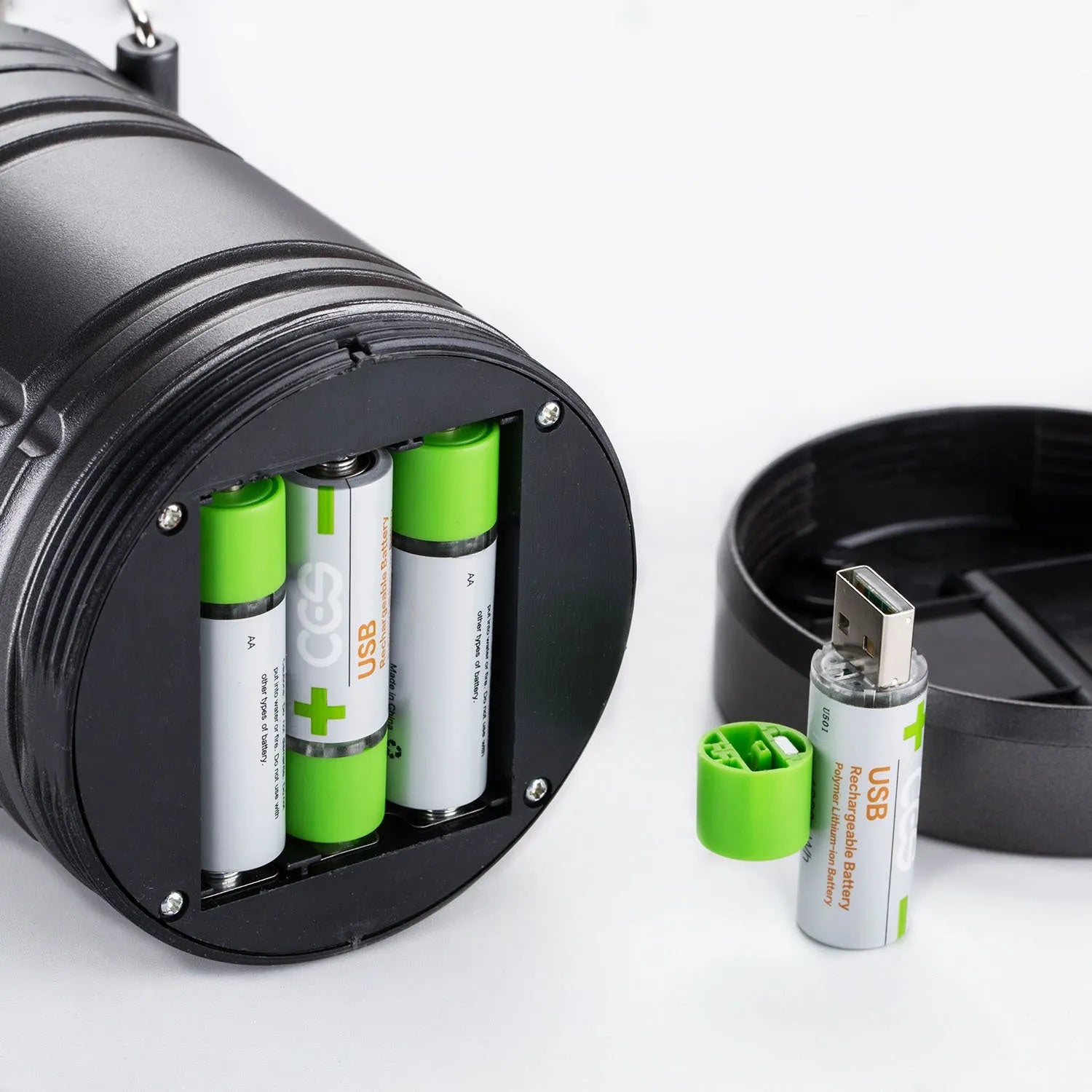 USB fast charge AA lithium battery in silver green with built-in USB port and polymer cobalt lithium core