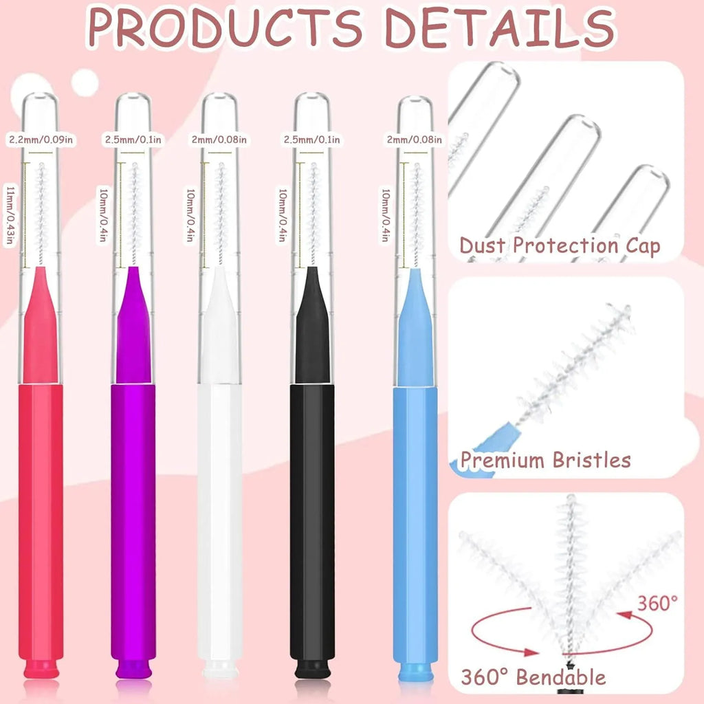Set of micro eyebrow and lash brushes with protective caps in five colours: black, blue, purple, red, and white.