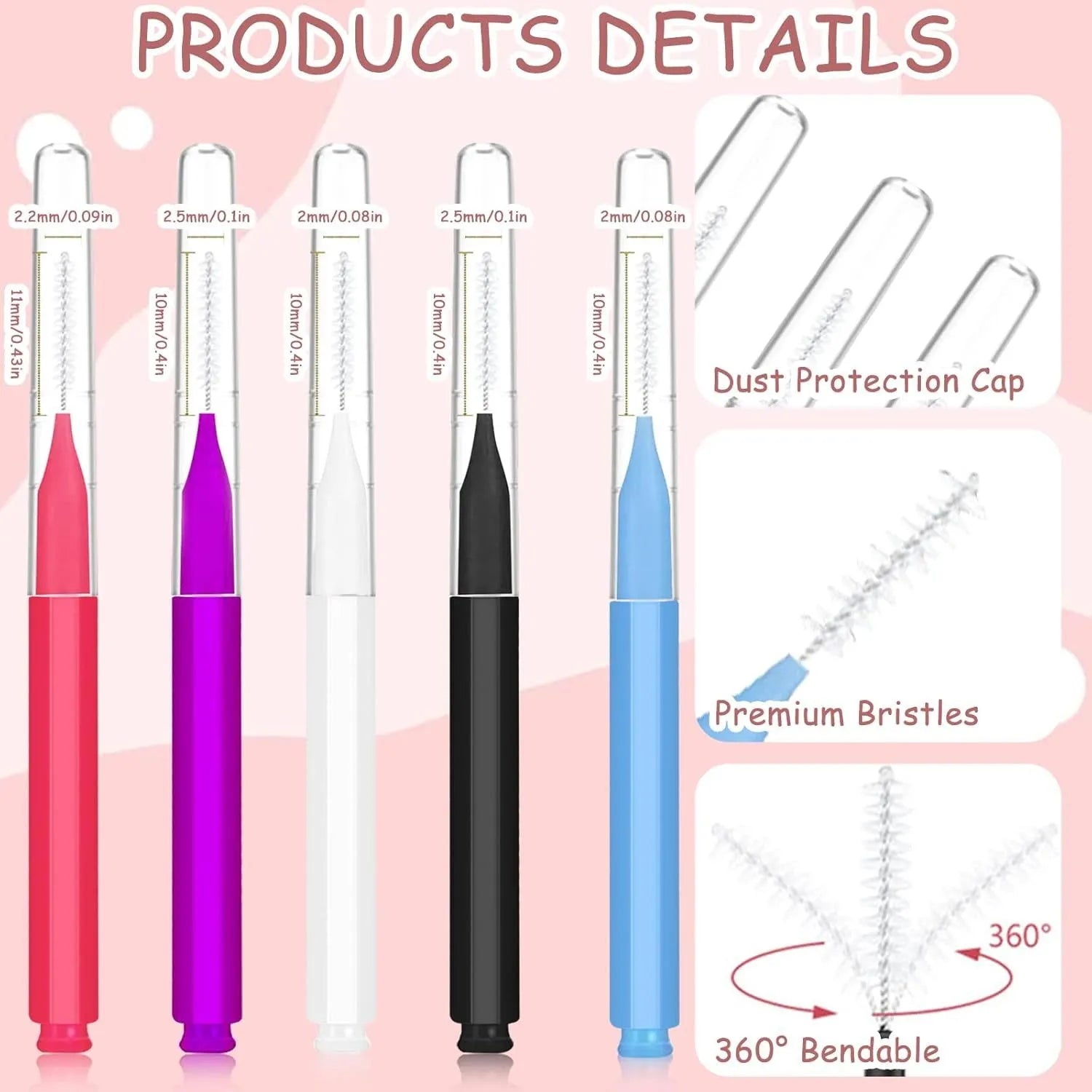 Set of micro eyebrow and lash brushes with protective caps in five colours: black, blue, purple, red, and white.