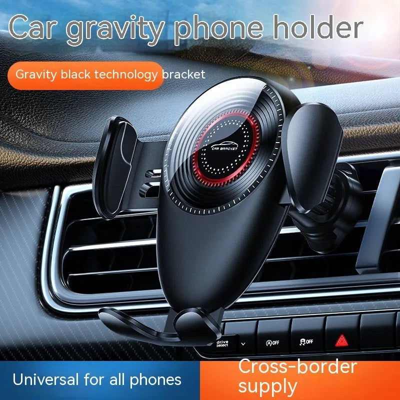 Black universal car phone bracket with mechanical support frame for dashboard or air vent mounting