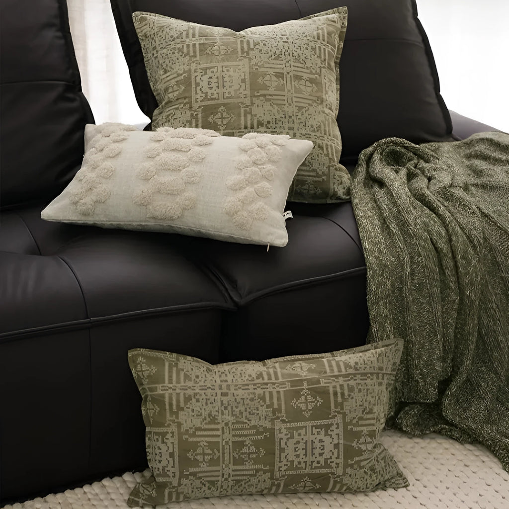 Ethnic style green natural pillowcase with feather core on sofa