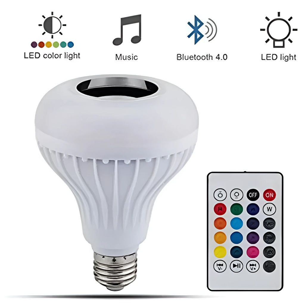 White E27 smart LED bulb with built-in Bluetooth speaker and remote control for colour-changing light.