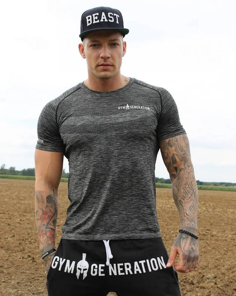 Men's short sleeve polyester workout top in orange colour for gym training