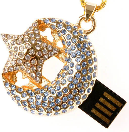Silver jewellery-shaped metal USB flash drive on a white background.