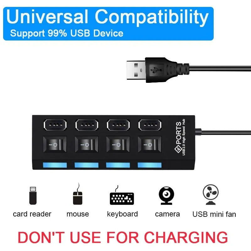 Black and white USB hub switch showing 4-port and 7-port models for laptop and desktop computers.