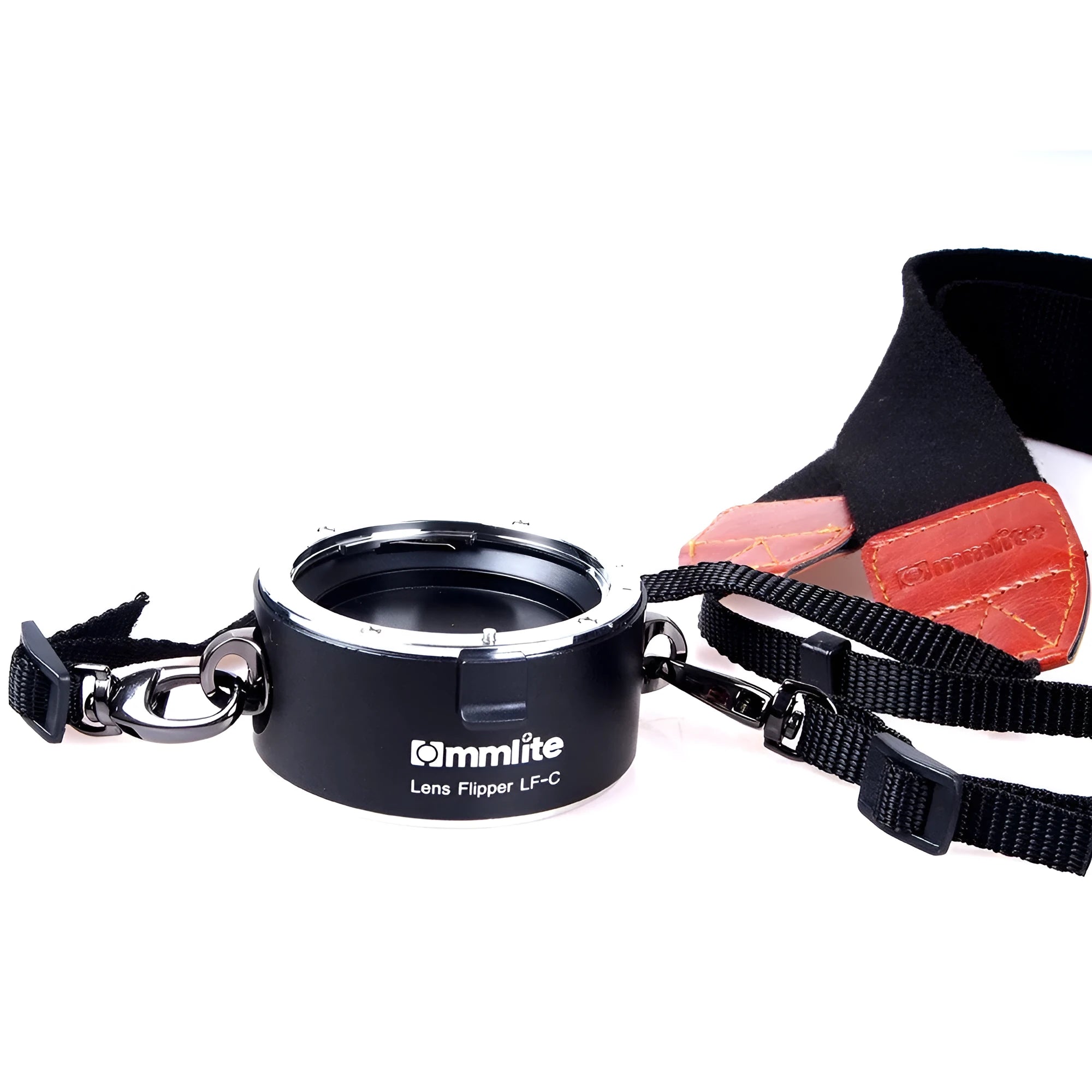 Aluminium camera lens flipper holder with cotton shoulder strap for Canon, Nikon, or Sony cameras.