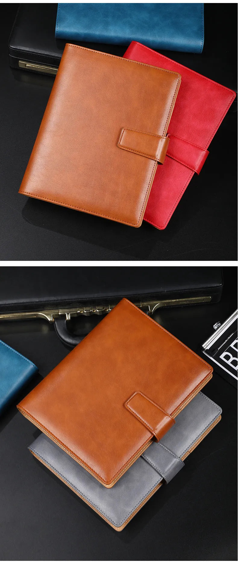 A5 leather notebook with 6-hole binder clip in black, blue, brown, grey or red colours