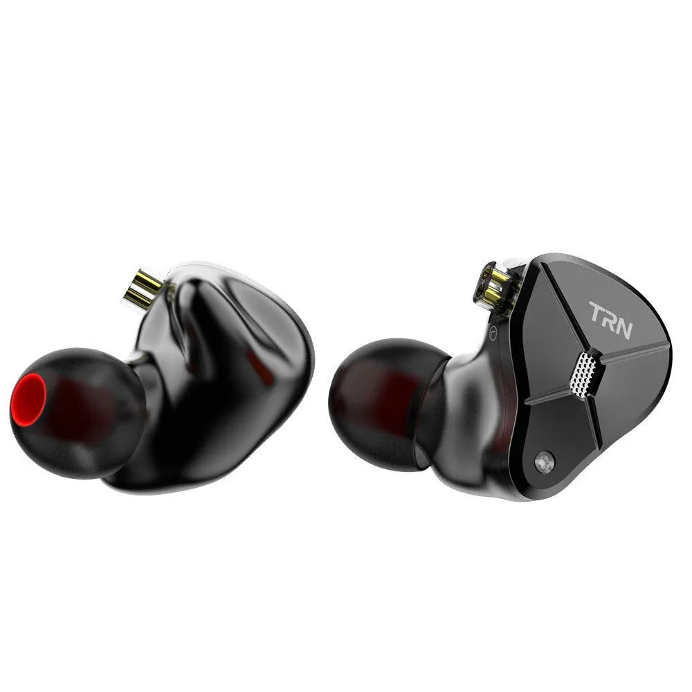 Black in-ear mobile headset with 3.5mm plug and TPE cable showing silicone ear sleeves