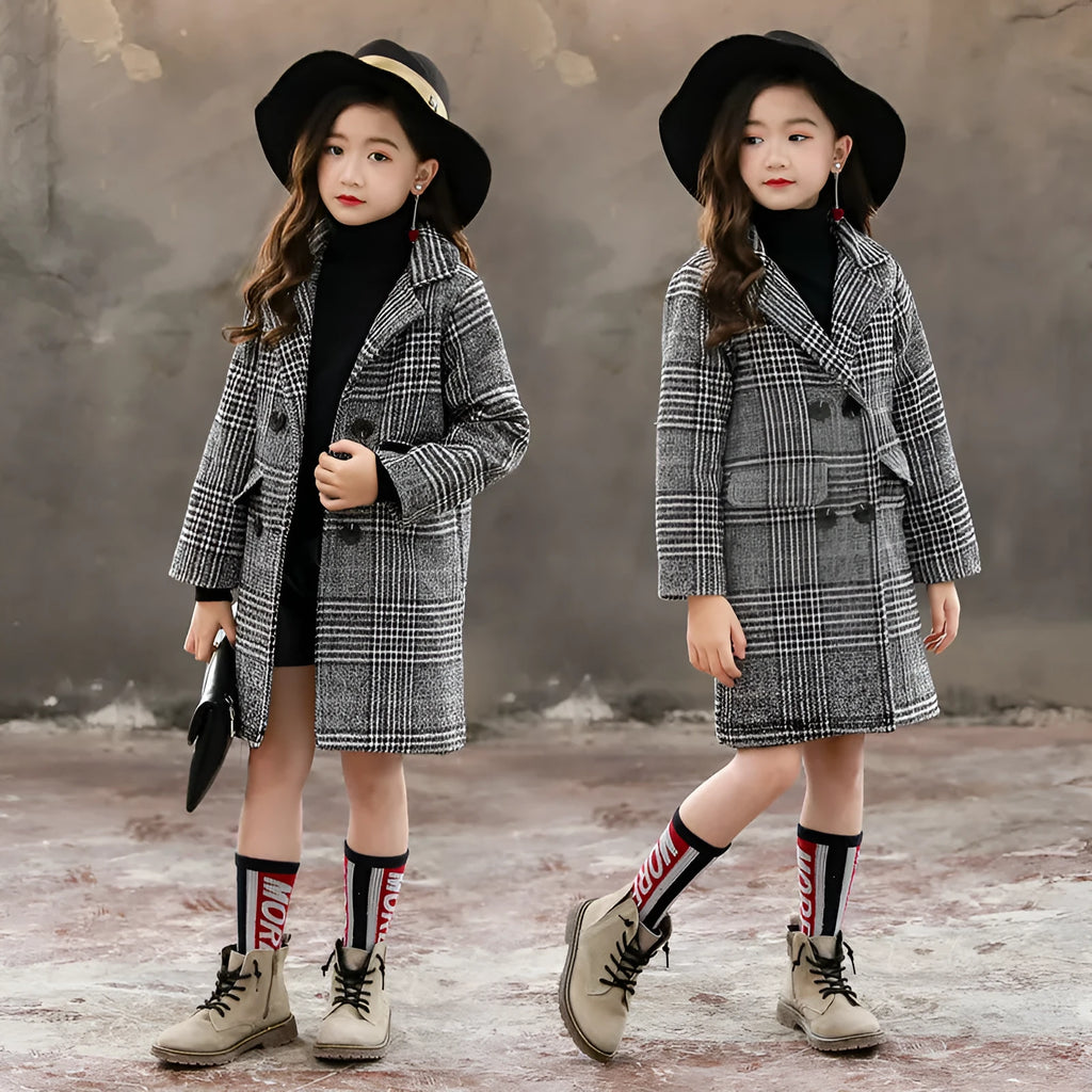 Girls' grey houndstooth plaid coat with suit collar and long sleeves