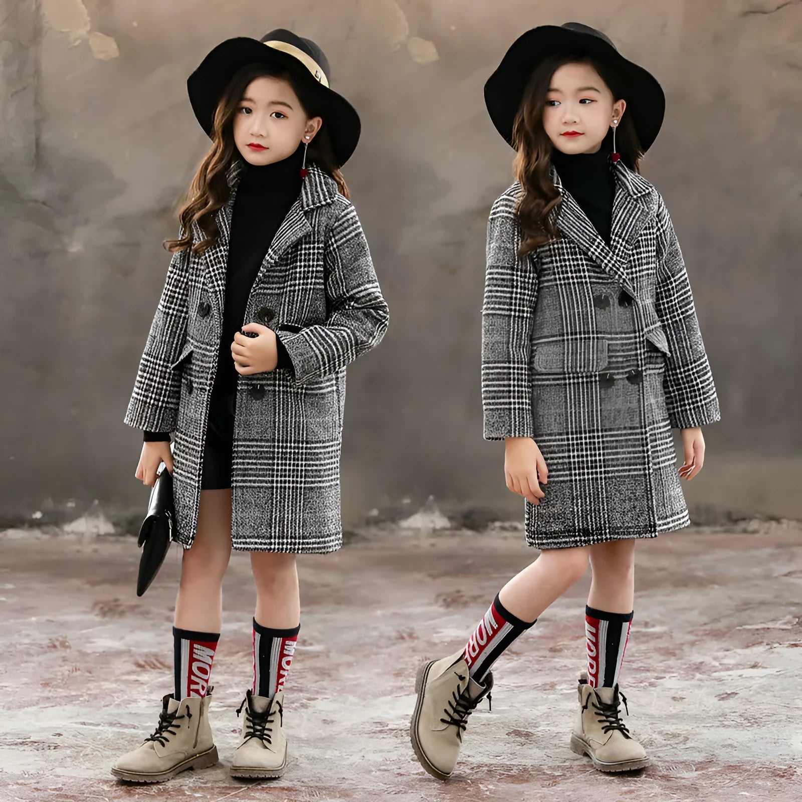 Girls' grey houndstooth plaid coat with suit collar and long sleeves