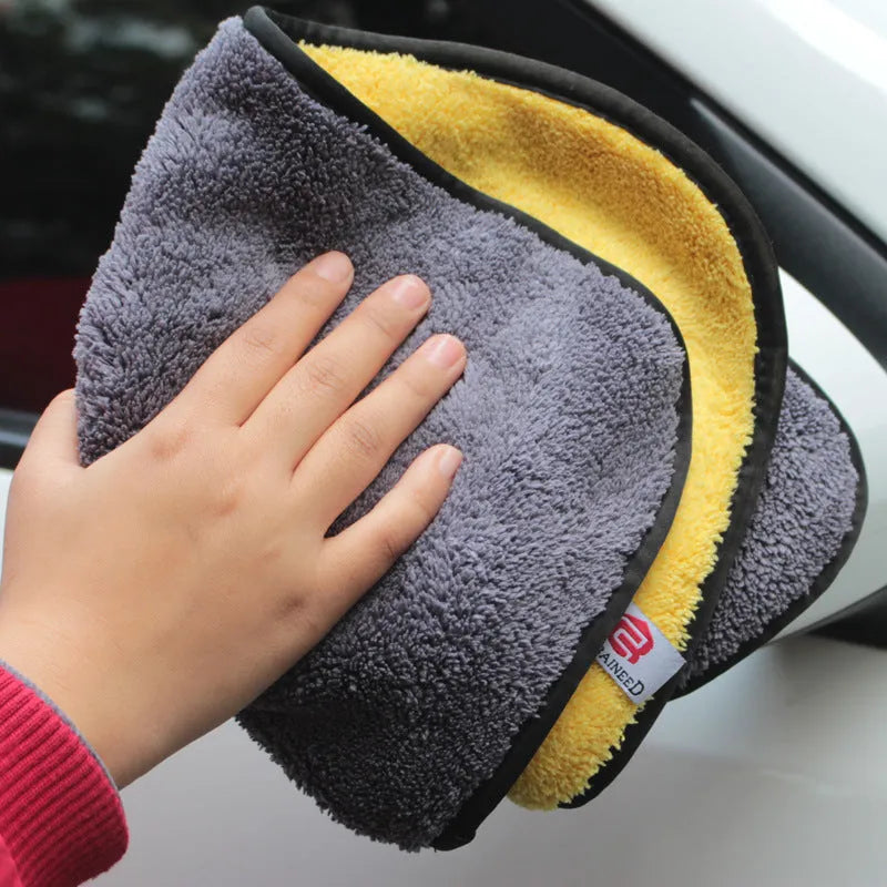 Double-sided coral fleece car wash towel in 30x30cm, 30x40cm, and 30x60cm sizes, polyester nylon microfibre