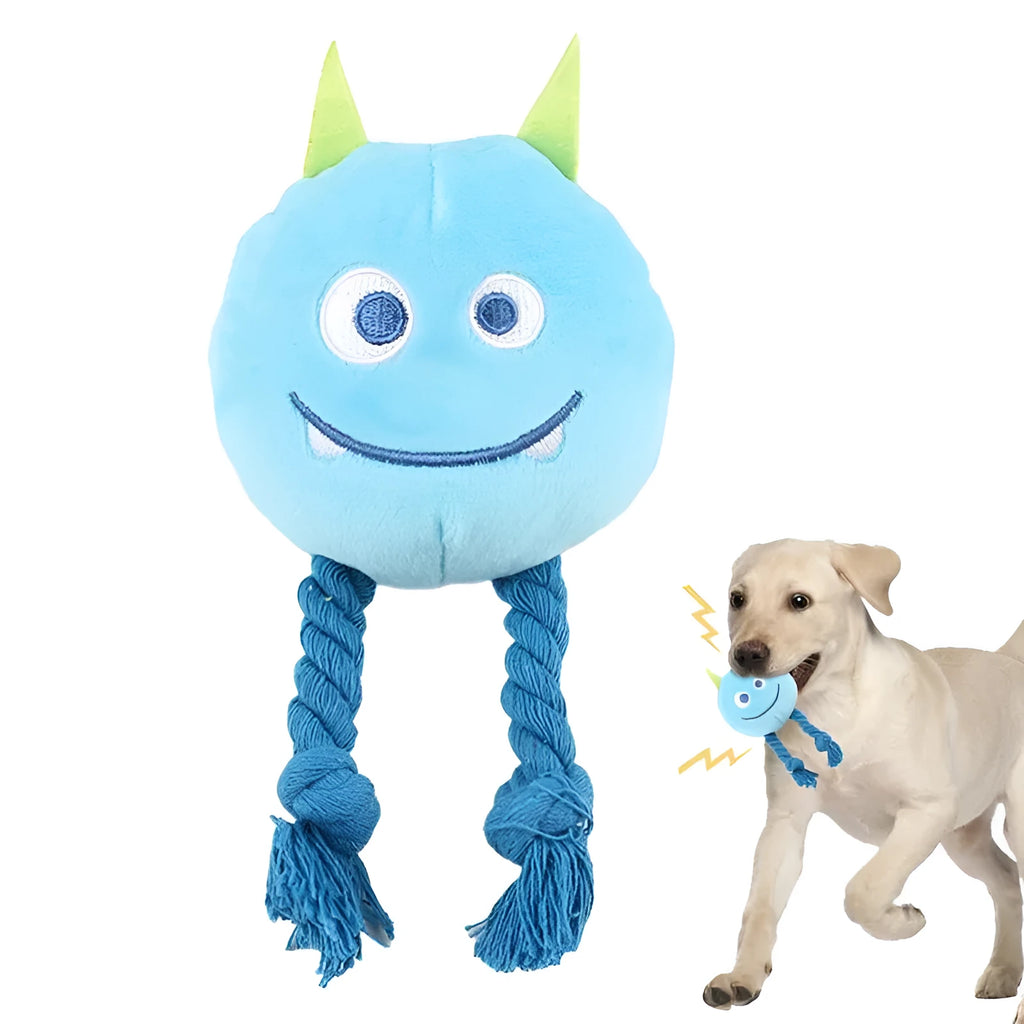 Blue and yellow dog squeaky toys with strong knot design for chewable teething and interactive play