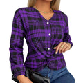 Women's loose plaid casual shirt in polyester available in grey, purple and red colours with regular sleeves