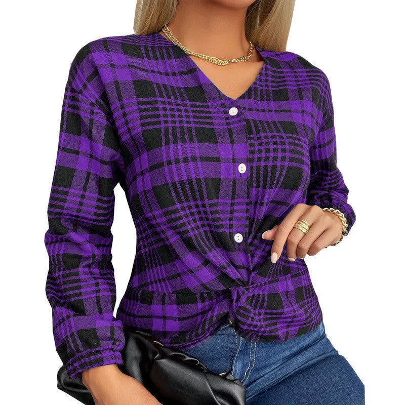 Women's loose plaid casual shirt in polyester available in grey, purple and red colours with regular sleeves